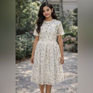 NEW Gorgeous Hand Made and Beaded Ivory Floral Dress – Size S– Retail $180